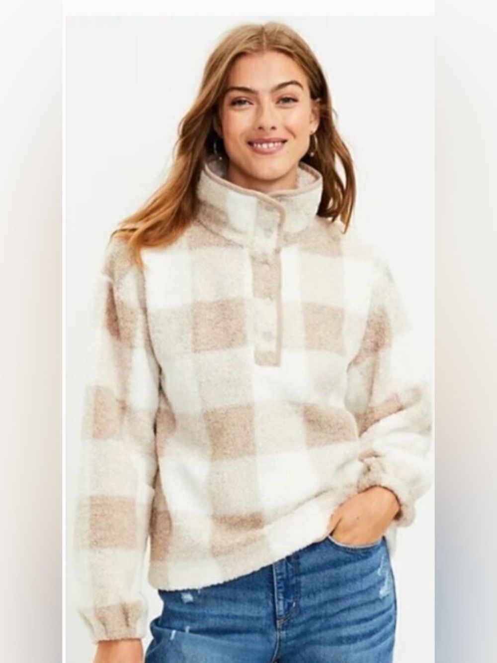 LOFT Cream & Tan Checkered Sherpa Snap Collar Pullover Sz M